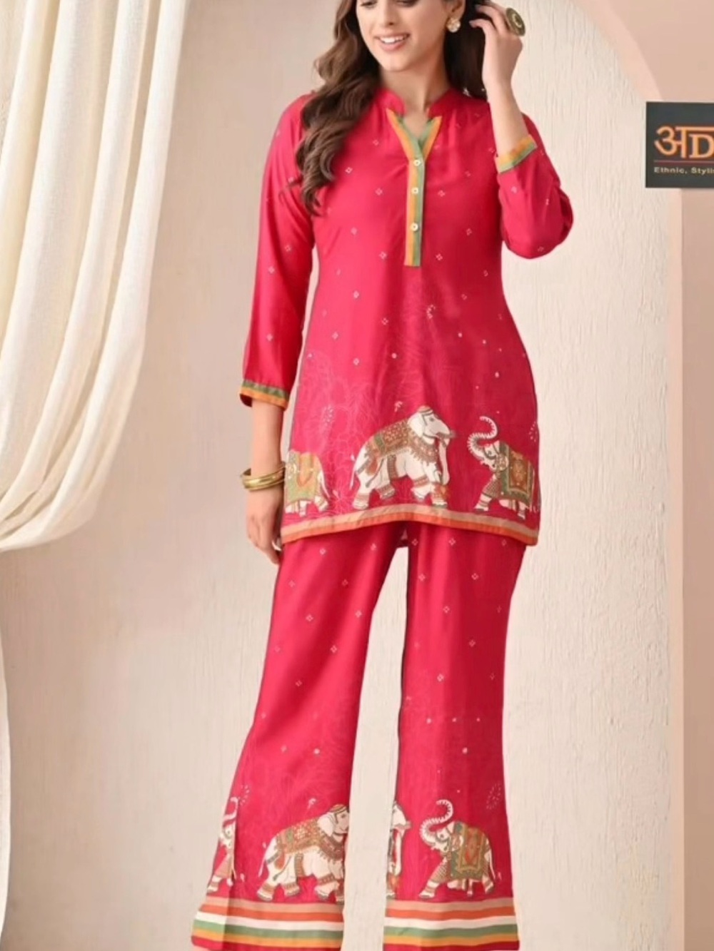 Women's Pink Elephant-Print Kurta coord Set